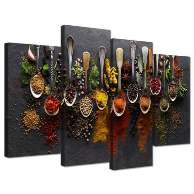 China 4 Pieces Waterproof+ECO-Friendly Color Spice In The Spoon Vintage Food Pictures Painting Canvas Wall Art Stretched Framed Poster For Kitchen Home Decoration for sale