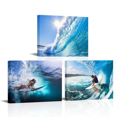 China Waterproof+ECO-Friendly Modern Blue Ocean Photography Decor 3 Piece Wall Framed Artwork Other Paintings Surfing Water Sport Picture For Home Decoration for sale