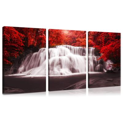 China Waterproof+ECO-Friendly Landscape Black Waterfall Canvas Red White Wall Art Painting Red Trees Forest Picture Prints 3 Pieces For Living Room Home Decor for sale