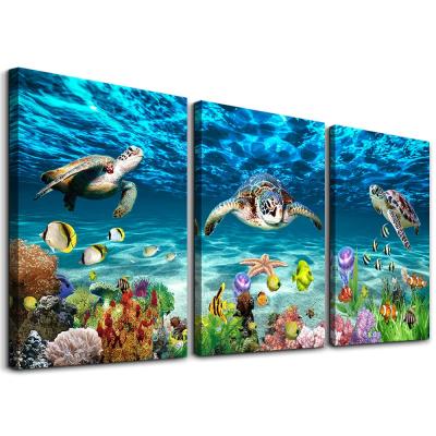 China Waterproof+ECO-Friendly Blue Modern Seascape Ocean Sea Turtle Canvas Print Poster Wall Art 3 Panels Picture for Hotel Bathroom Home Decor bearoom for sale