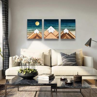 China Waterproof+ECO-Friendly 3 Panel Canvas Print Wall Art Framed Painting Blue Sky Geometric Mountain Pictures For Bedroom Living Room Decor Home Backdrop for sale