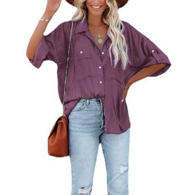 China Anti-shrinkage spring and summer long shirt with the top ladies' blouses new loose solid color pocket long sleeve women's blouses for sale