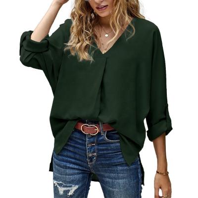 China 2022 Spring Summer V-Neckline Fashion Solid Color Anti-Shrink Shirt Loose Long Sleeve Tops Plus Size Ladies Blouses for sale