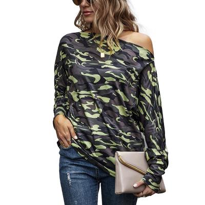 China Breathable Off Shoulder Camouflage Knit Loose Long Sleeve T Shirt Women for sale