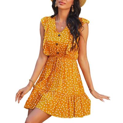 China New Summer Breathable Casual Print V-Neck Dresses Ladies Ruffle Sleeveless Polka Dot Dress Orange Women for sale