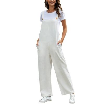 China New Retro Fashion Breathable Casual Side Pocket Overalls Women Leg Cotton Suspender Straight Wide Leg Pants for sale