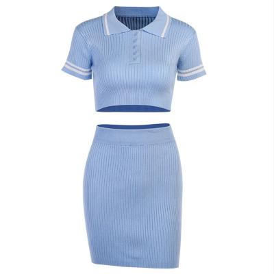 China New Style Breathable Hot Selling Women Clothing Set Short Sleeved Knit Crop Top Mini Skirt Sexy Two Piece Women's Sets for sale