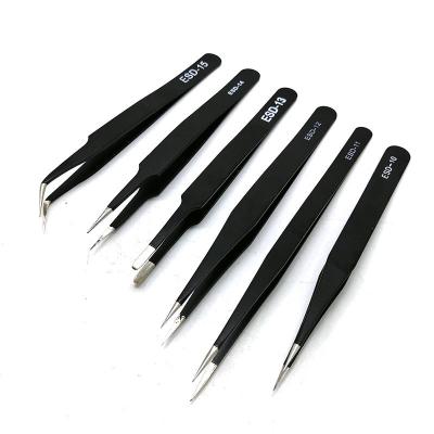 China Superior Hardness Black ESD Headed Stainless Steel Tweezers Safe Precision Anti-Static Tweezers for sale