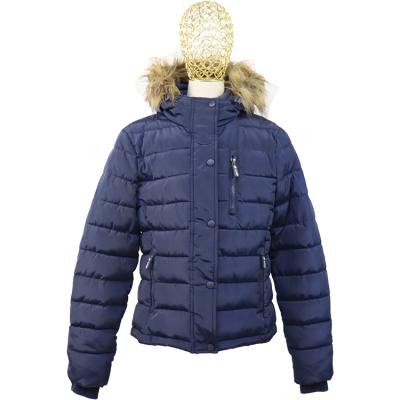 China Kids quilted jacket wholesale OEM kid's coat with hood and faux fur to trim three front zipper pockets plus snap and zipper placket for winter for sale