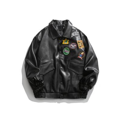 China Jackets Women Roll Up Breaker Army Fatigue Leather Jacket Men's PU Leather Patches Bomber Jacket for sale