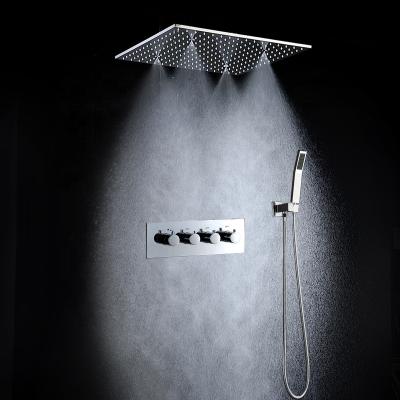 China Modern Design Ceilingless Slide Bar 16 Inch Thermostatic Mixer Bath Shower Head Faucets Set Bathroom Rainfall SPA Shower System Kits for sale