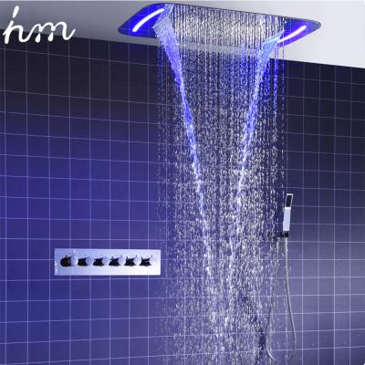 China Without Slide Bar Bathroom Accessories LED Thermostatic Massage Rainfall Waterfall Mist Spray Shower System Set Te koop