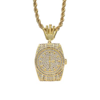 China Hiphop 18K Gold Personality Zircon Dial Watch Pendant Clock Men's Necklace for sale