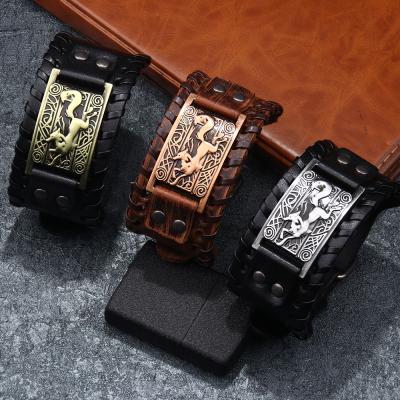 China Retro fan street shooting cowhide punk Nordic metal exaggerated texture temperament men's bracelet punk bracelet for sale