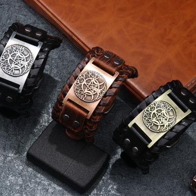 China 2021 new five-pointed star punk fashion leather men's bracelet bracelet trend moon tree of life charm fashionable male bracelet for sale