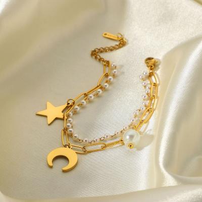 China Wholesale INS Bracelet 18K Star Moon Star Moon Bead Double Layer Bracelet Environmental Friendly Titanium Steel Gold Plated Pendant Lady for sale