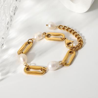 China Romantic 18K Gold Plated Stainless Steel Baroque Freshwater Bracelet Rectangular Spacer Pearl Ladies Chain Bracelet for sale