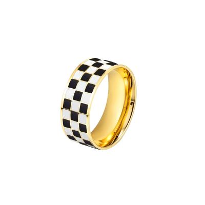 China Trendy Fashion Trendy Black And White Gold Plated Ladies Ring Lattice 14K Checkerboard Titanium Steel Ring for sale