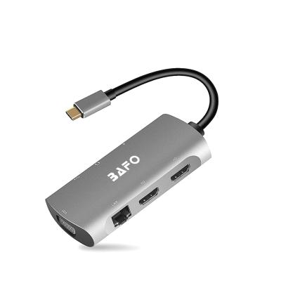 China Multi Function Data Transfer Cable BAFO USB C Hub 7 in1 USB C to VGA+USB3.0(5Gbps)+RJ45+HDMI*2+Audio+PD(Thunderbolt) Adapter Cable for sale