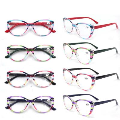 China Slim Stripe Custom Design Luminous Color Combination Cat Eye Shape Reading Glasses for sale