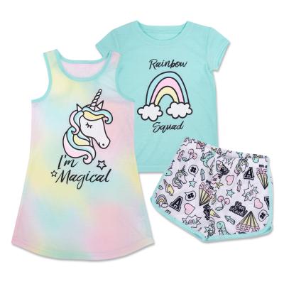 China Breathable 3 Piece Rainbow Shirts All Over Unicorn Print Shorts Tank Tops Summer Baby Girls Pajamas for sale