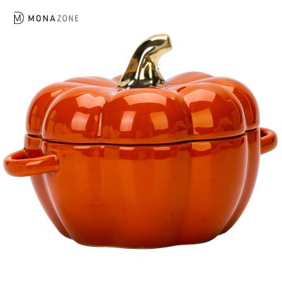 China MONAZONE Pumpkin Shape Baking Stocked Bowl with Lid Glaze Au Gratin Soup Salad Bowl Kitchen Bakeware Oven Halloween Baking Pan Supplies for sale