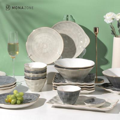 China MONAZONE 26pc Viable Nordic Gold Luxury Ceramic Salad Dish Gray White Rim Kitchen Soup Bowl Dessert Dish Dinnerware Set for sale