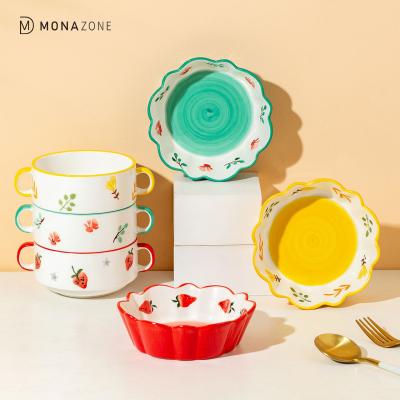 China Stored cute creative double ear flower rhyme bowl large fruit salad bowl Nordic ceramic dessert bowl tableware for sale