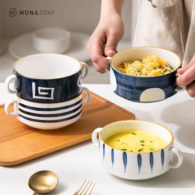 China MONAZONE Japanese Ceramic Tableware Handle Bowl Kitchen Stocked Blue Soup Bowl for sale