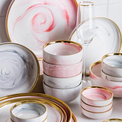 China Modern Marbling 2 Person Stocked 9 Piece Porcelain Dinnerware Sets With Gold Edge for sale