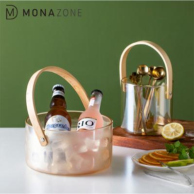 China MONAZONE Viable Thick Amber Glass Ice Bucket with Wooden Bamboo Handle Keep Ice Frozen Longer for Beer Red Wine Fruit for sale