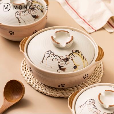 China Viable Ceramic Cookware Cat Pattern Double Handle MONAZONE Japanese Style Casserole Large Capacity Cooking Pot Soup Pot for sale