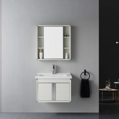 China Modern Skinny Matt White Washbasin Cabinet Meuble De Salle De Bain With Sliding Bathroom Mirror Amenity Storage for sale