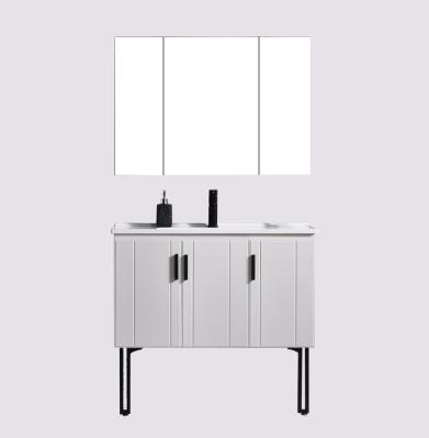 China White Wall Mounted Bathroom Cabinets Vanity Sale Modern Mirrored Soft Black Handles Customized Matt White PVC Stainless Steel Style Par for sale