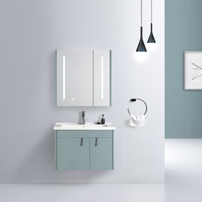 China Modern Light Green Wall Mounted Vanity Mirror Bay Glacier Smart Bath Cabinet With Crystal Vanity Lights For Apartment for sale