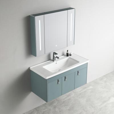 China Countertop Modern Light Blue Ceramic Bathroom Cabinet Set Hotel Luxury Sale Mirror Carcass Accessories Soft Stainless Steel Style Graphic for sale