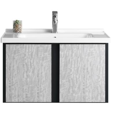 China Small Modern Gray Bathroom Furniture Set With Rough Floating Vanity Rectangle Dark Mirror Ceramic Vanity Tops for sale