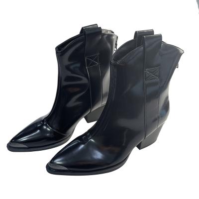 China New Light Fashion Chunky Heel Pointed Toe Black Patent Bright Leather Mid Heel Short Boots Plus Size Women's Boots for sale