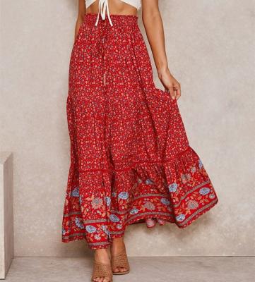 China Anti-Static Red Print Bohemian Woman Skirts Casual Printed Summer Long Skirt Elegant Ladies Vacation Printed Rayon Maxi Skirt Bottoms for sale