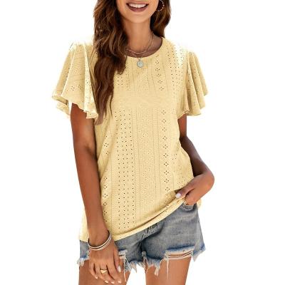 China Lady Blouses Hollow Out Rocket Sleeve Summer Design Tops Anti-pilling T-shirt New Products 2022 Casual O-neck Trending Women New for sale