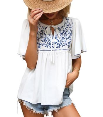 China Women 100% Summer Loose Casual Anti-pilling Polyester Flare White Blouse Main Sleeve Lady Lace Up Elegant Fashion Vacation Blouse 2022 for sale