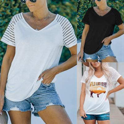 China Women's T-shirt Anti-wrinkle T-shirt Women's V-Neck Sleeve Top Solid Short Casual Women's Loose Summer Cotton Tee for sale