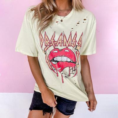 China Anti Wrinkle Red Lip Monogram Printed Hole Ripped T-shirts Short Sleeve Loose Casual Oversized Cotton Tee Shirt For Women for sale