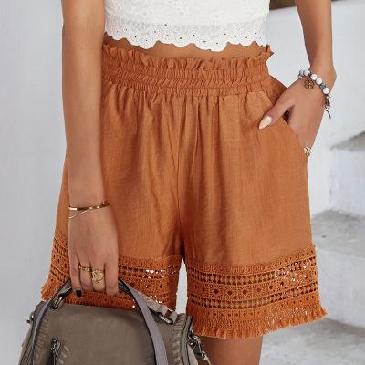 China Anti-wrinkle Lace Design Wide-leg Stitching Shorts Pants 2022 Summer Fashion Ruffle Waist Cutout Edge Loose Casual Solid Shorts Women for sale