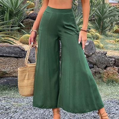 China Anti-Wrinkle Women Stylish High Waist Wide Leg Pants 2022 Spring Summer Vintage Flare Pants Casual Solid Zipper Rayon Pants for sale