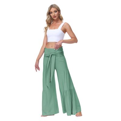 China Anti-Wrinkle Solid Color High Waist Wide Leg Pants Women Loose Casual Pants Summer Classic Belts Long Bell Bottom Soft Bottom Women Pants for sale