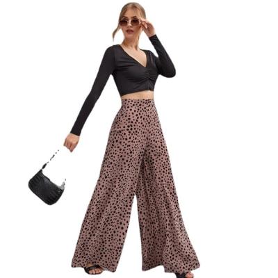 China Anti-wrinkle women pants green leopard print pants stretch casual high waist pants loose NEW style wide leg pants summer for sale