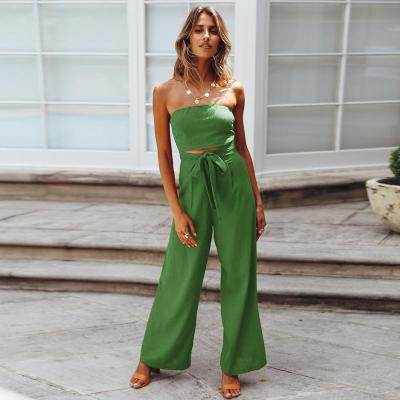 China QUICK DRY sexy strapless green lace up tube jumpsuit summer outfits women vacation solid up long leg jumpsuits wide waist high knot jumpsuits for sale