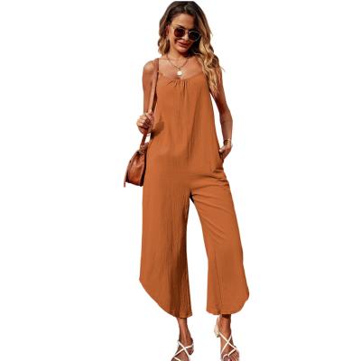 China 2022 Women's QUICK DRY Rompers Overall Backless Wide Leg Playsuit Pants New Ladies Summer Sportswear Cotton Pockets Solid Overalls for sale