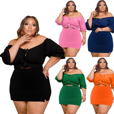 China Viable Plus Size Woman Skirt Set Solid Two Piece Summer Outfit Slash Neck Tops Lace Up Ruffles Short Sleeve Mini Shorts Skirt Set for sale